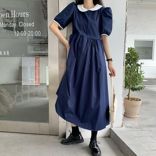 Two Tone Collared Short-Sleeve A-Line Maxi Dress