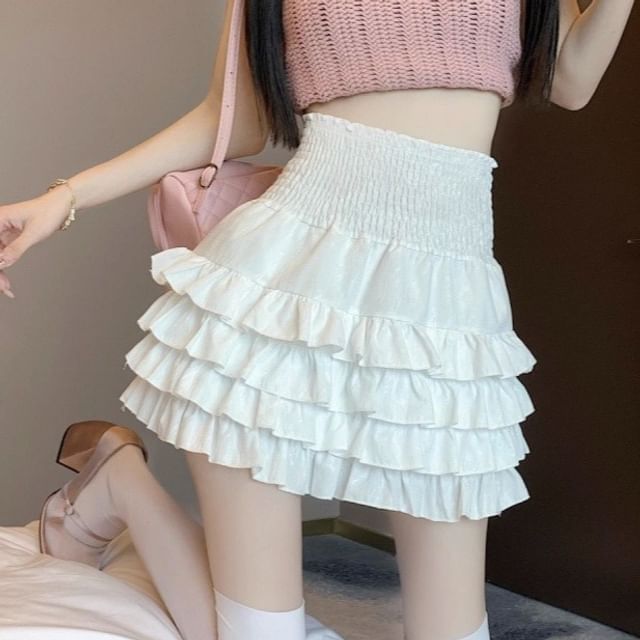 Tiered Mini Skirt in Solid Fabric with High Rise