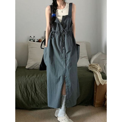Button-Up Plain Sleeveless Maxi Dress Set