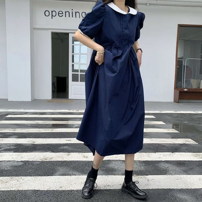 Two Tone Collared Short-Sleeve A-Line Maxi Dress