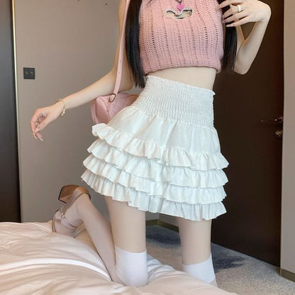 Tiered Mini Skirt in Solid Fabric with High Rise