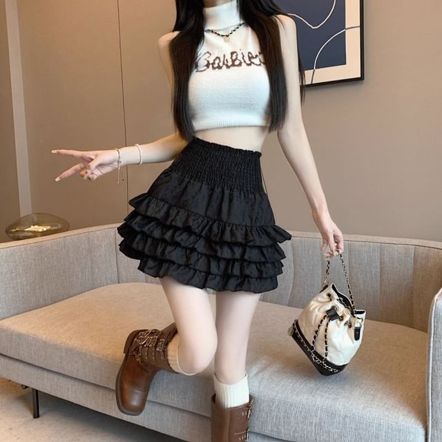 Tiered Mini Skirt in Solid Fabric with High Rise