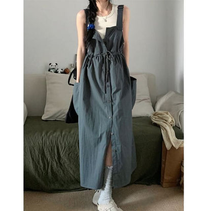 Button-Up Plain Sleeveless Maxi Dress Set