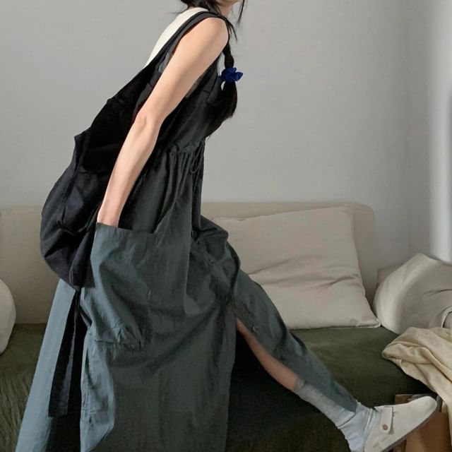 Button-Up Plain Sleeveless Maxi Dress Set