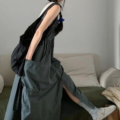 Button-Up Plain Sleeveless Maxi Dress Set