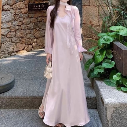 Long-Sleeve Shirt and V-Neck Spaghetti Strap Sundress Set