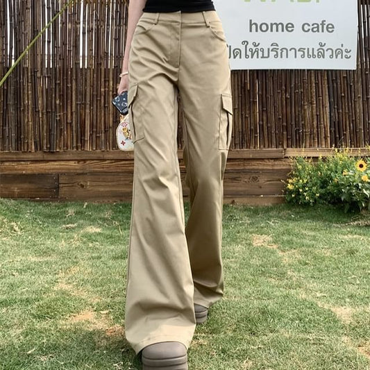Mid Waist Plain Flared Cargo Pants