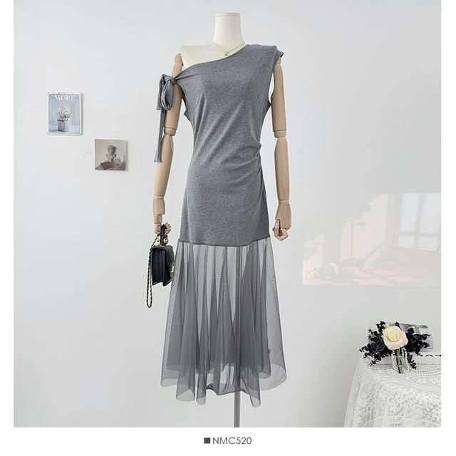 One Shoulder Sheer Panel Sleeveless Bodycon Maxi Dress