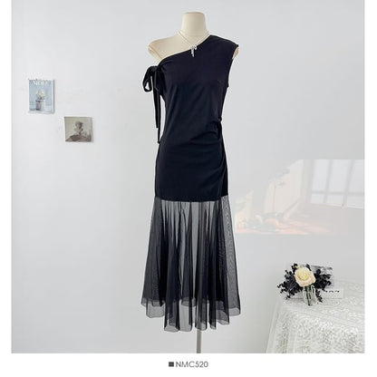 One Shoulder Sheer Panel Sleeveless Bodycon Maxi Dress