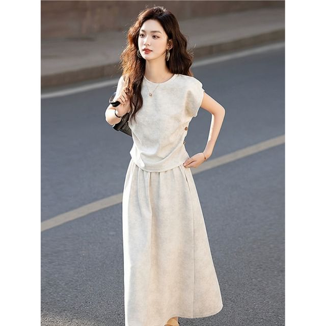 Tie-Dye Crew Neck Tee with Ruched Sleeves and Maxi Skirt Set