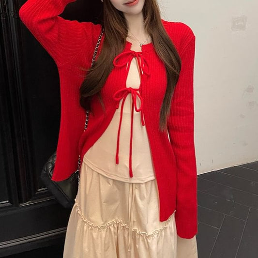 Bow Lace-Up Cardigan, Long-Sleeve Top, Applique Skirt Set