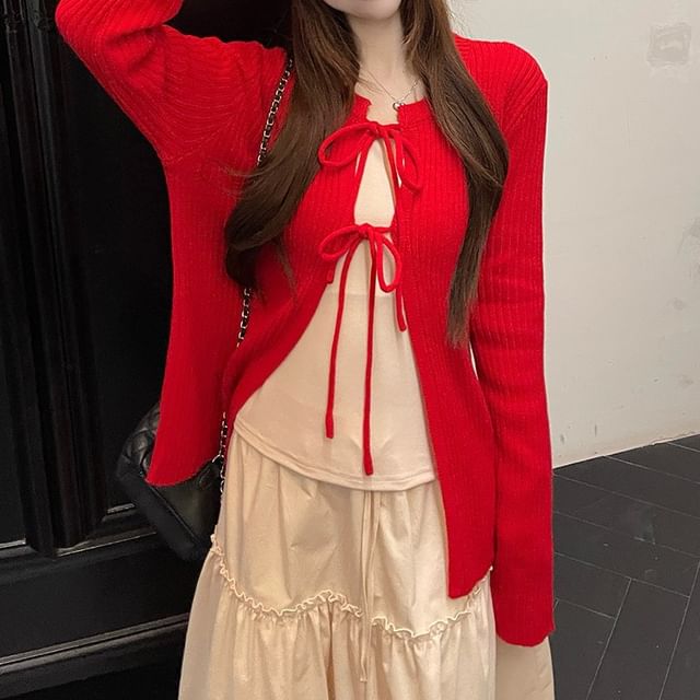 Bow Lace-Up Cardigan, Long-Sleeve Top, Applique Skirt Set