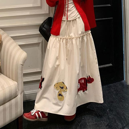 Bow Lace-Up Cardigan, Long-Sleeve Top, Applique Skirt Set
