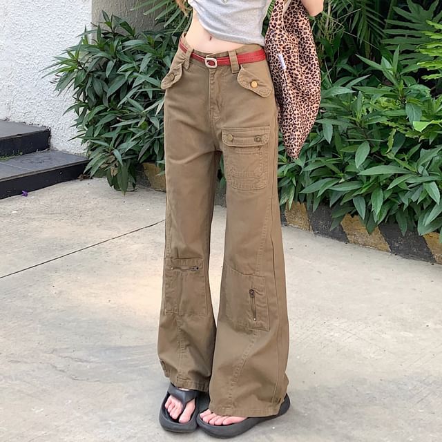Mid Rise Plain Panel Flared Cargo Pants (Various Designs)