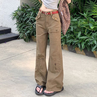 Mid Rise Plain Panel Flared Cargo Pants (Various Designs)