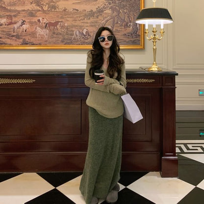 V-Neck Knit Long-Sleeve Top with High Waist Maxi Skirt