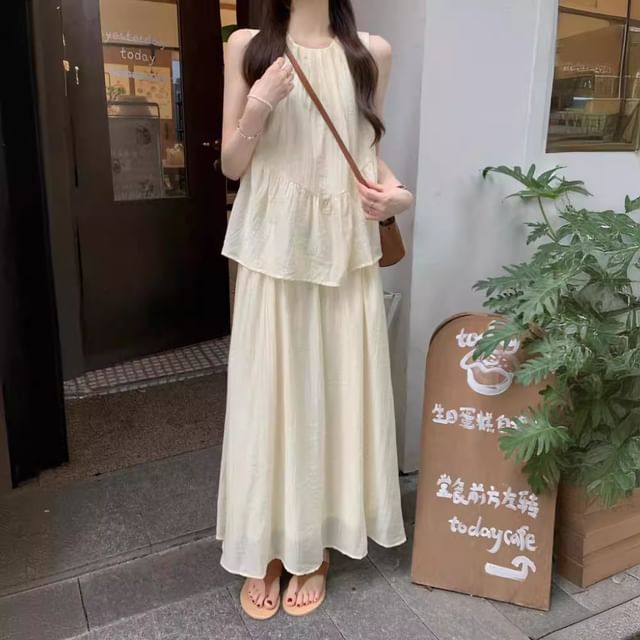 Mock Two Piece Round Neck Sleeveless A-Line Dress