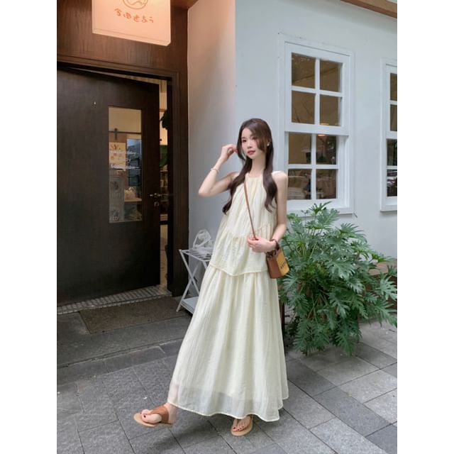 Mock Two Piece Round Neck Sleeveless A-Line Dress