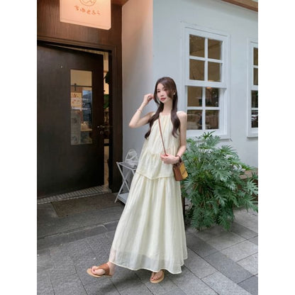 Mock Two Piece Round Neck Sleeveless A-Line Dress