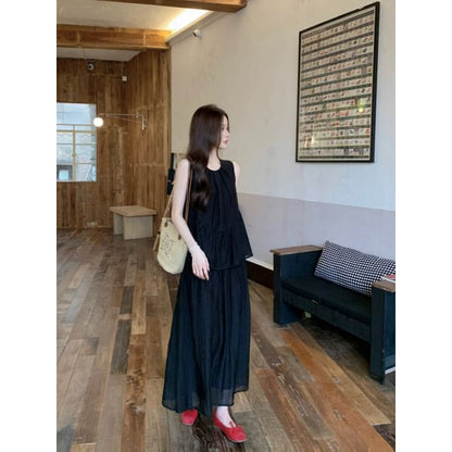 Mock Two Piece Round Neck Sleeveless A-Line Dress