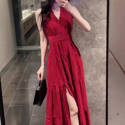Tiered Slit V-Neck Sleeveless A-Line Maxi Dress