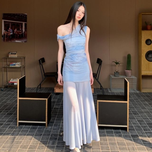 One Shoulder Tie-Dye Top and A-Line Maxi Dress Set