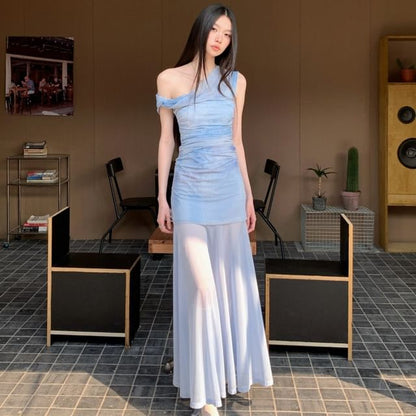 One Shoulder Tie-Dye Top and A-Line Maxi Dress Set