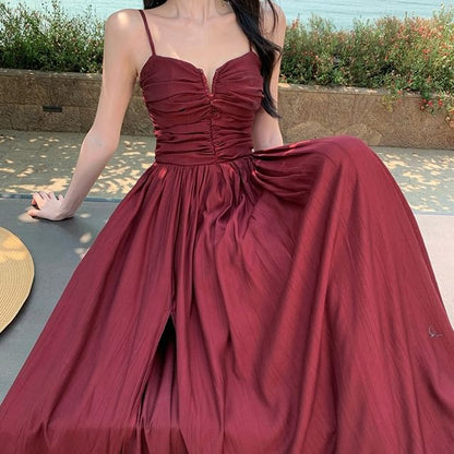 Ruched Slit Plain Spaghetti Strap A-Line Dress