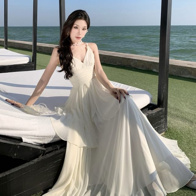 Layered Open Back V-Neck Plain A-Line Maxi Dress
