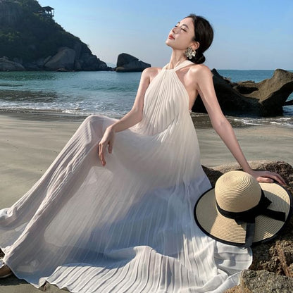 Plain Halter Neck Accordion Pleated Maxi Sundress