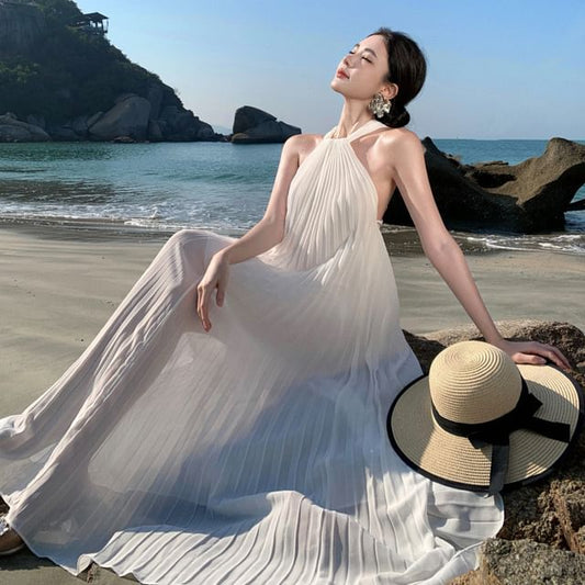 Plain Halter Neck Accordion Pleated Maxi Sundress