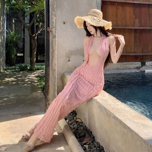 Plunge Ruffle Open Back Halter Bodycon Maxi Dress