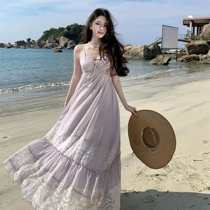 V-Neck Lace Panel A-Line Maxi Dress with Tie Front