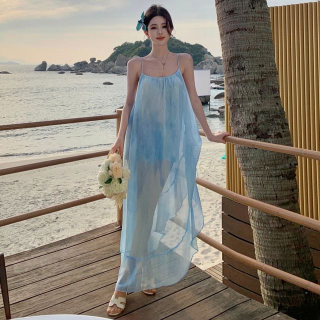 Asymmetrical Sheer Open Back Tie Dye Spaghetti Strap Dress