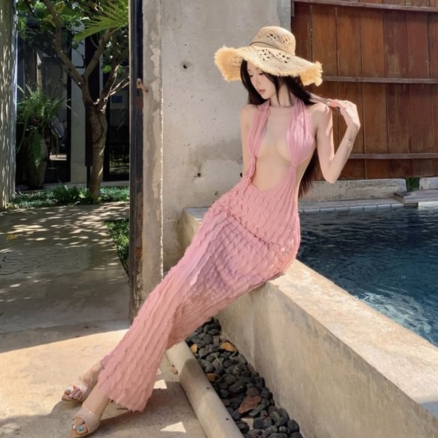 Plunge Ruffle Open Back Halter Bodycon Maxi Dress