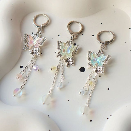 Earring Clip-On Sterling 925 Butterfly Drop Silver Bead /