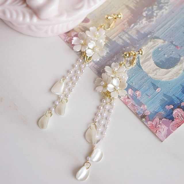 / 925 Drop Silver Pearl Flower Faux Sterling Clip-On Earring