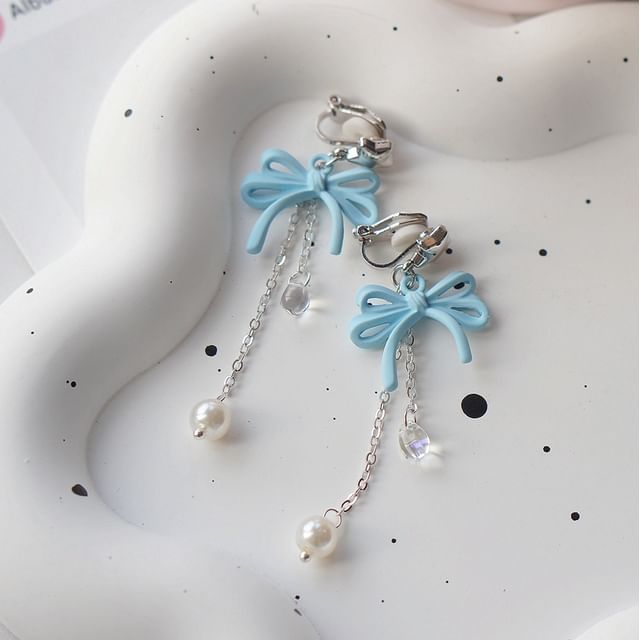 Clip-On / Pearl Drop Silver Faux Sterling 925 Bow Earring