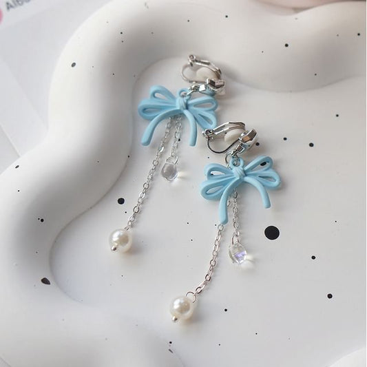 Clip-On / Pearl Drop Silver Faux Sterling 925 Bow Earring