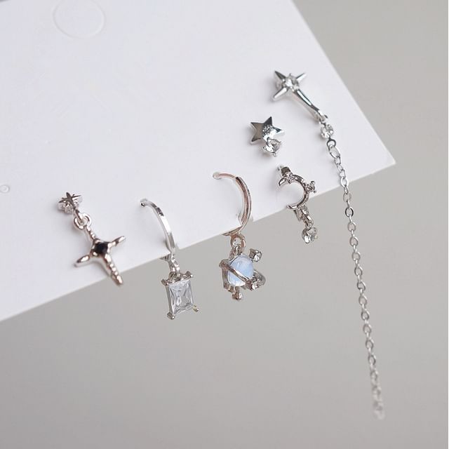 Set Drop Dangle Silver Rhinestone 6: Earring Sterling + 925 Huggie of