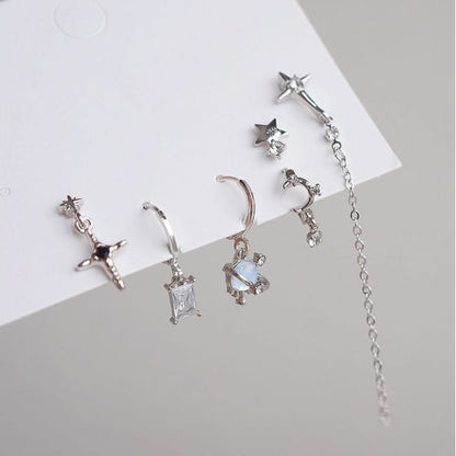 Set Drop Dangle Silver Rhinestone 6: Earring Sterling + 925 Huggie of