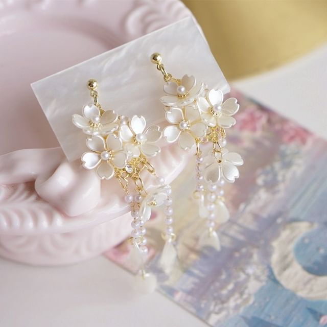 / 925 Drop Silver Pearl Flower Faux Sterling Clip-On Earring