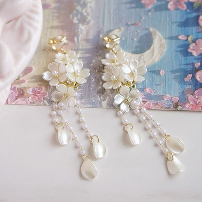 / 925 Drop Silver Pearl Flower Faux Sterling Clip-On Earring