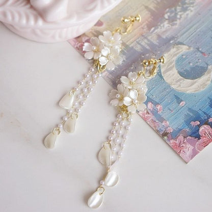 / 925 Drop Silver Pearl Flower Faux Sterling Clip-On Earring