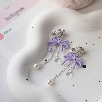 Clip-On / Pearl Drop Silver Faux Sterling 925 Bow Earring