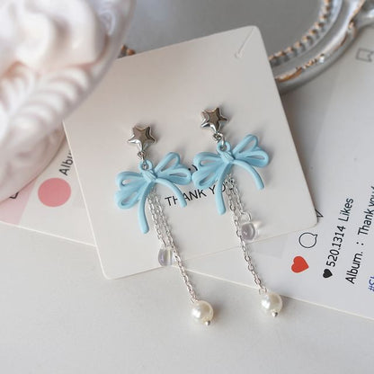 Clip-On / Pearl Drop Silver Faux Sterling 925 Bow Earring