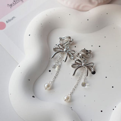 Clip-On / Pearl Drop Silver Faux Sterling 925 Bow Earring