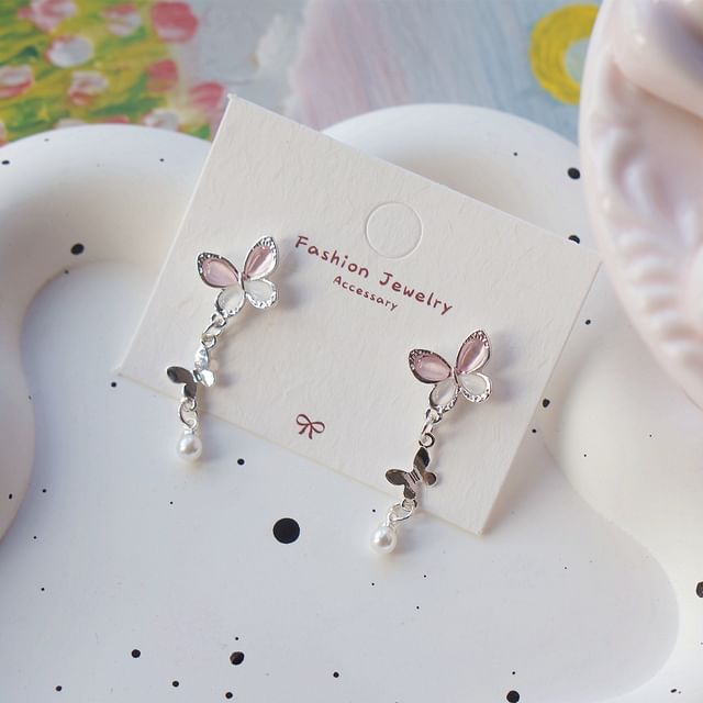 Drop Sterling Pearl Clip-On Earring 925 Silver Butterfly / Faux