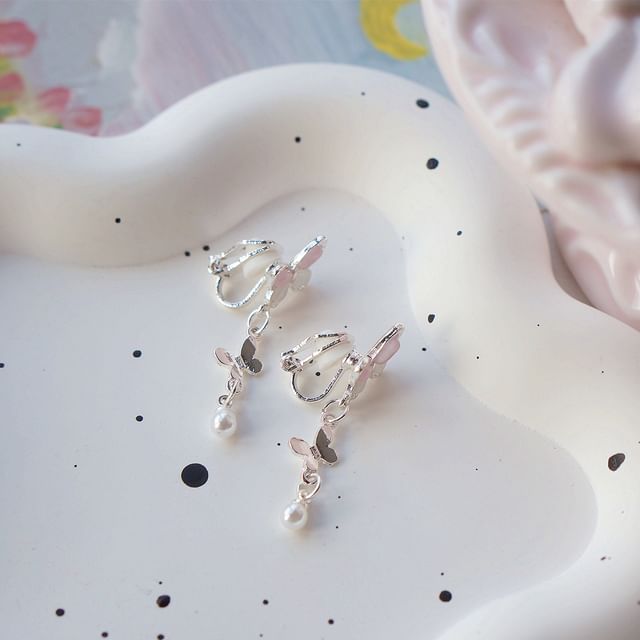 Drop Sterling Pearl Clip-On Earring 925 Silver Butterfly / Faux