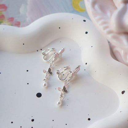 Drop Sterling Pearl Clip-On Earring 925 Silver Butterfly / Faux